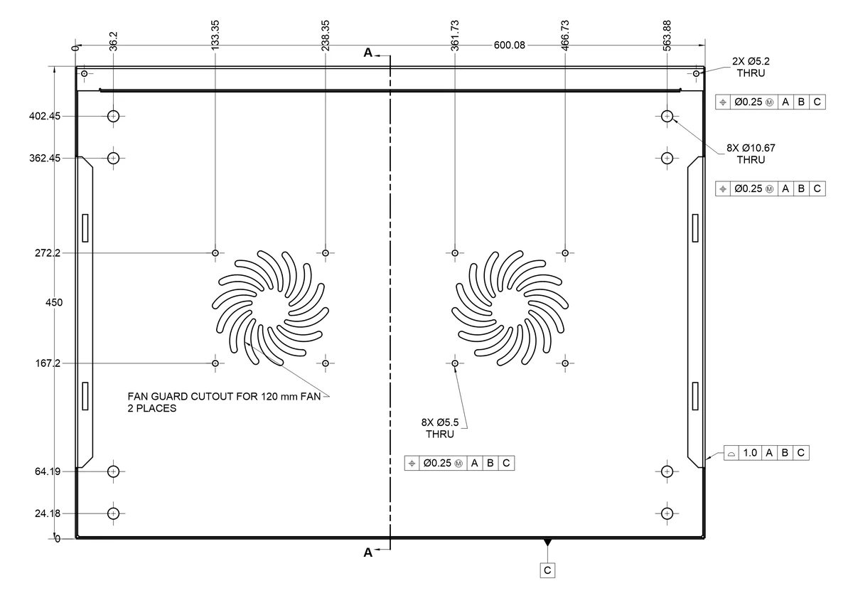 The top view on sheet 1 of the top cover drawing: ordinate dimensions to every hole from the left wall and the front edge, center marks, hole callouts 8X diameter 5.5 THRU and 8X diameter 10.67 THRU each with a position tolerance of diameter 0.25 at maximum material condition to datums A, B and C, a profile tolerance, datum C, and the section line A-A