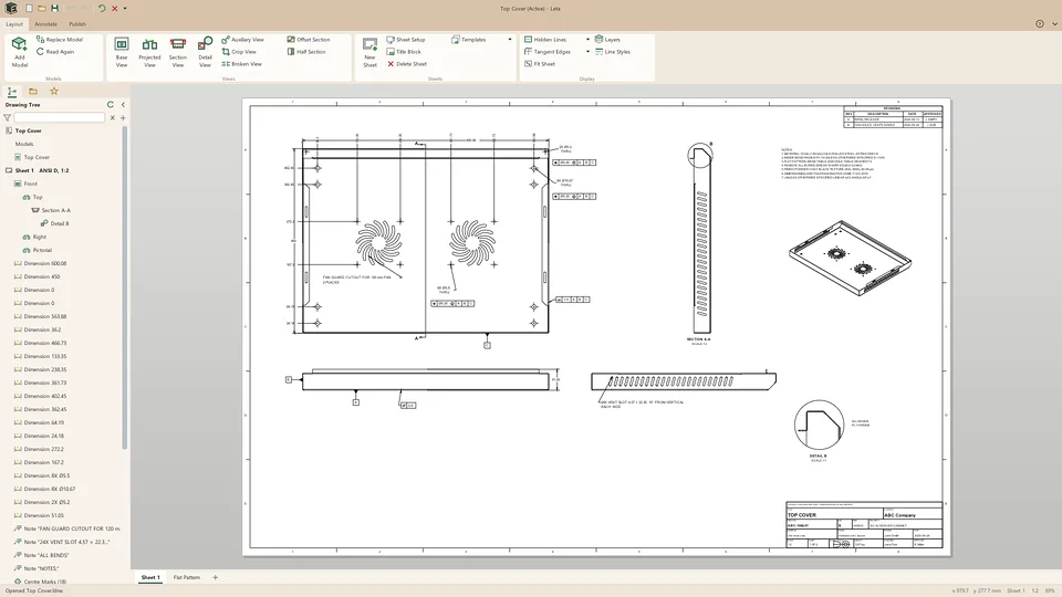 Leta's drawing window: the Layout tab, a drawing tree listing the views, dimensions and notes, and sheet 1 of the top cover drawing on an ANSI D sheet