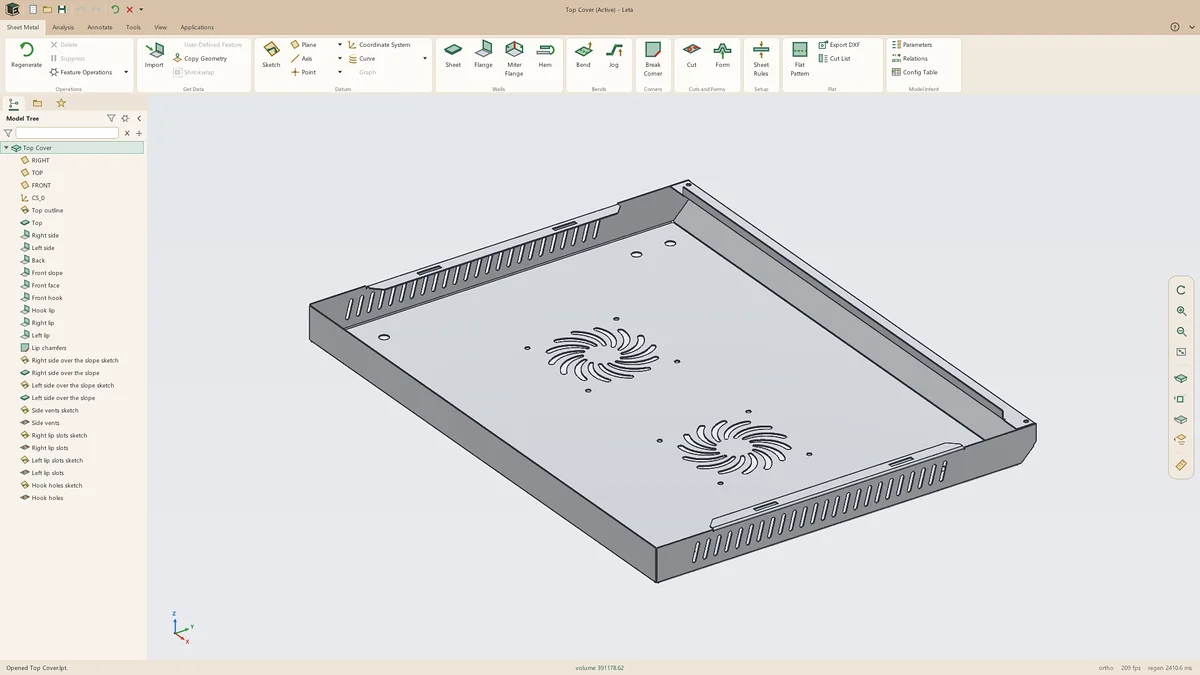 Leta's modeling window: the Sheet Metal tab's ribbon, a model tree of named walls, slopes, lips, vents and slots, and a server cabinet's top cover with two fan guards and rows of vent slots