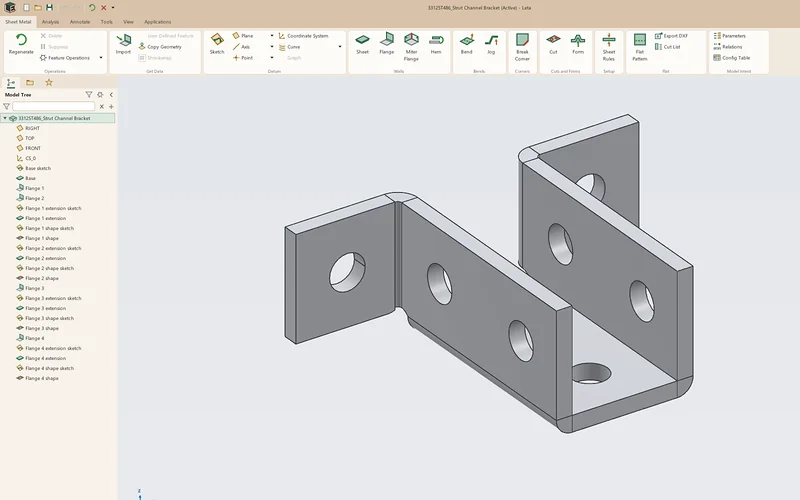A catalog strut bracket imported from STEP and recognized as sheet metal: a base, four flanges and their shape sketches listed in Leta's model tree