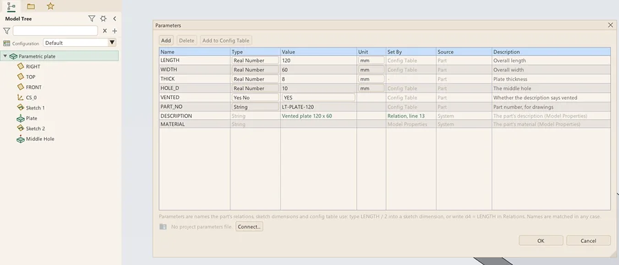 Leta's Parameters table listing LENGTH, WIDTH, THICK, HOLE_D, VENTED, PART_NO, DESCRIPTION and MATERIAL with their types, values, units and descriptions