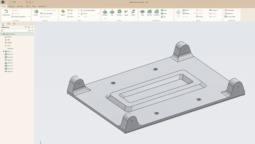 A mounting plate in Leta's Model tab: an imported body with a hole feature, four rounds, a sketch and an extrude in the model tree
