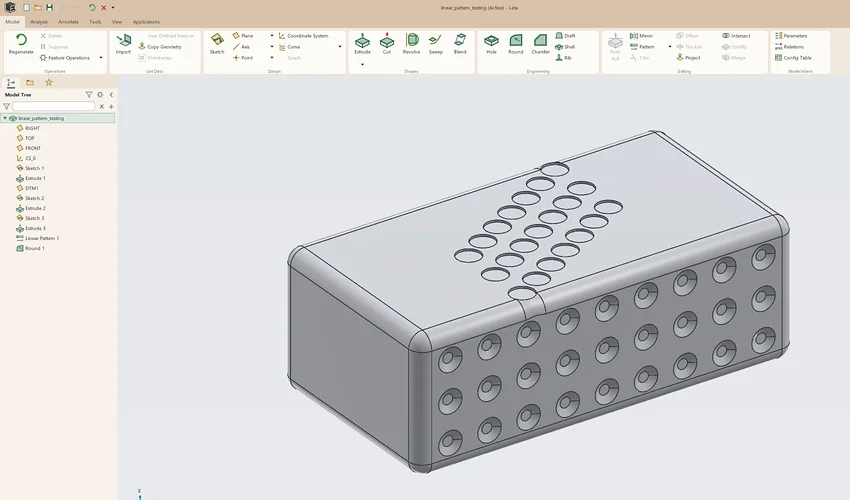 A rounded box in Leta with holes patterned across two faces, and the model tree listing sketches, extrudes, a datum plane, a linear pattern and a round
