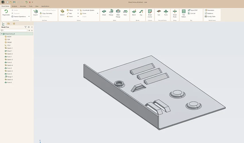 A sheet-metal plate in Leta with a flange, louvers, dimples, a lance and an extruded hole, and the forms listed in the model tree