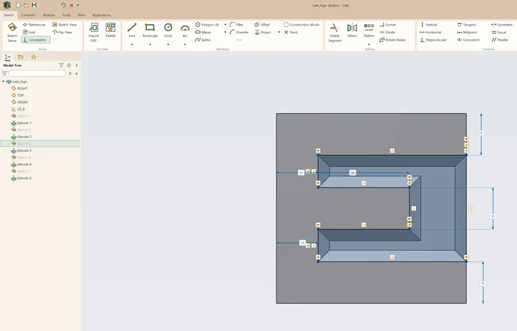 Leta's sketcher with the Sketch tab's ribbon, editing the E of the Leta logo: shaded profile, dimensions of 11 and 24 millimeters, and constraint symbols on every line